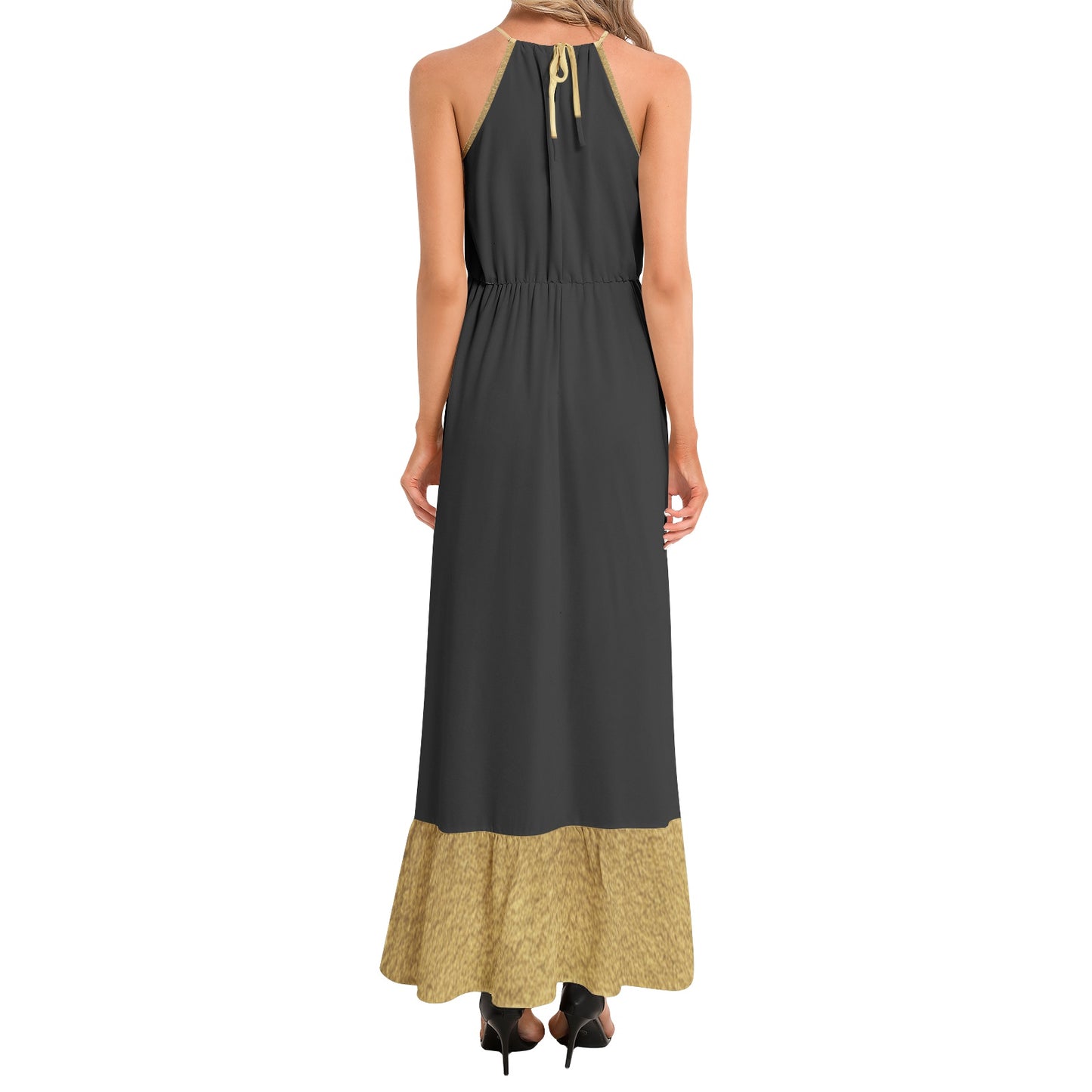 Black Gold Stepper Ruffle Hem Halter Neck Maxi Dress